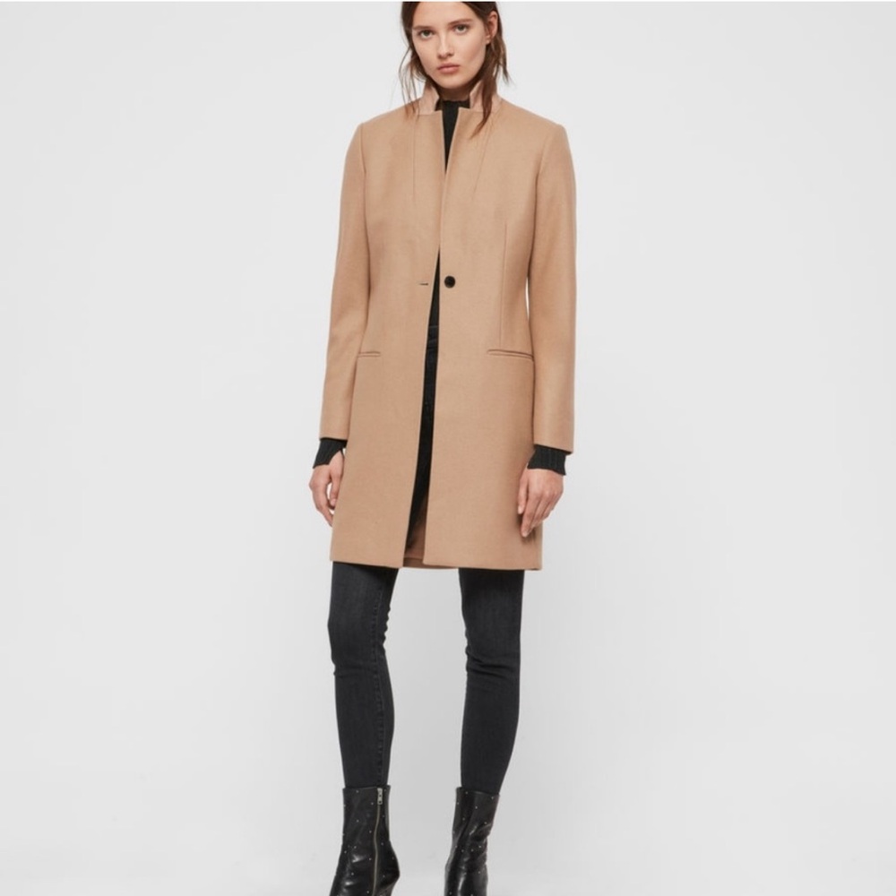 All Saints Tan Leather Trim Coat